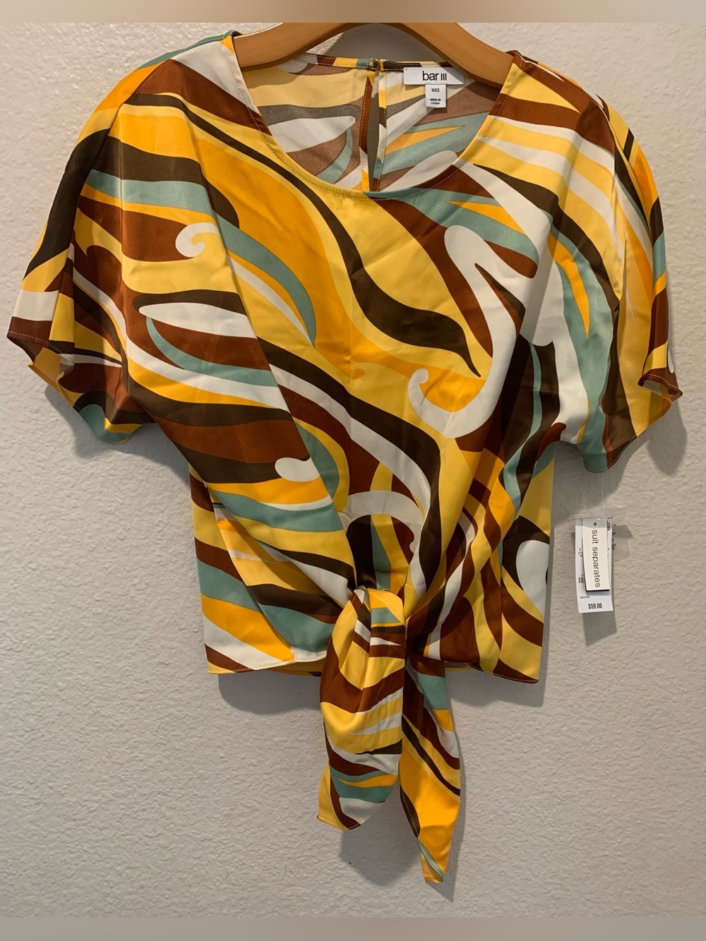 Bar III Yellow Multi-Color Short Sleeve Abstract Wave Print Blouse